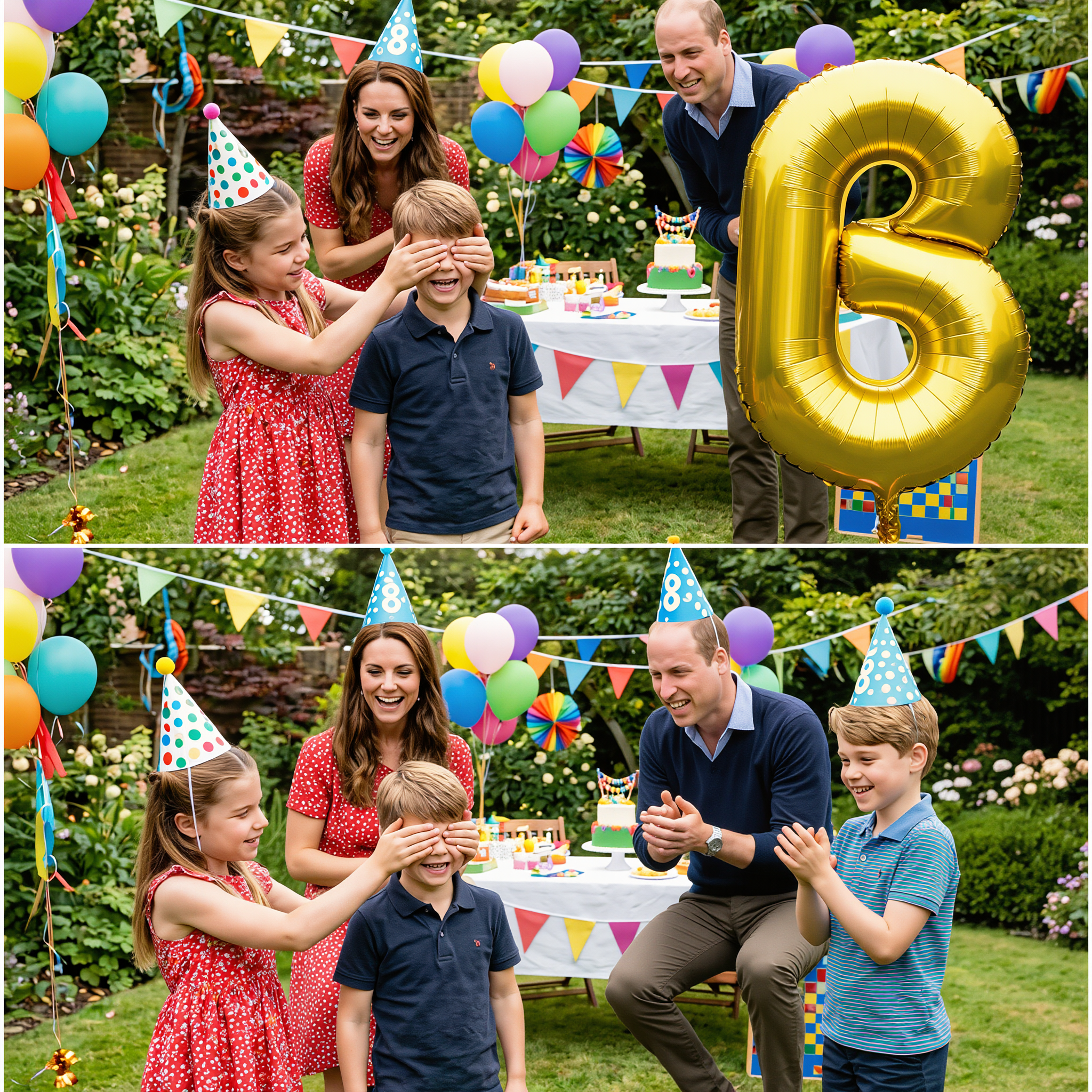 Thay đổi trang phục khác cho các thành viên gia đình công nương Kate. Tất cả mọi người trong ảnh đều đội mũ sinh nhật. Hoàng tử Geogre cầm bong bóng có hình số 8. Giữ nguyên bố cục ảnh
