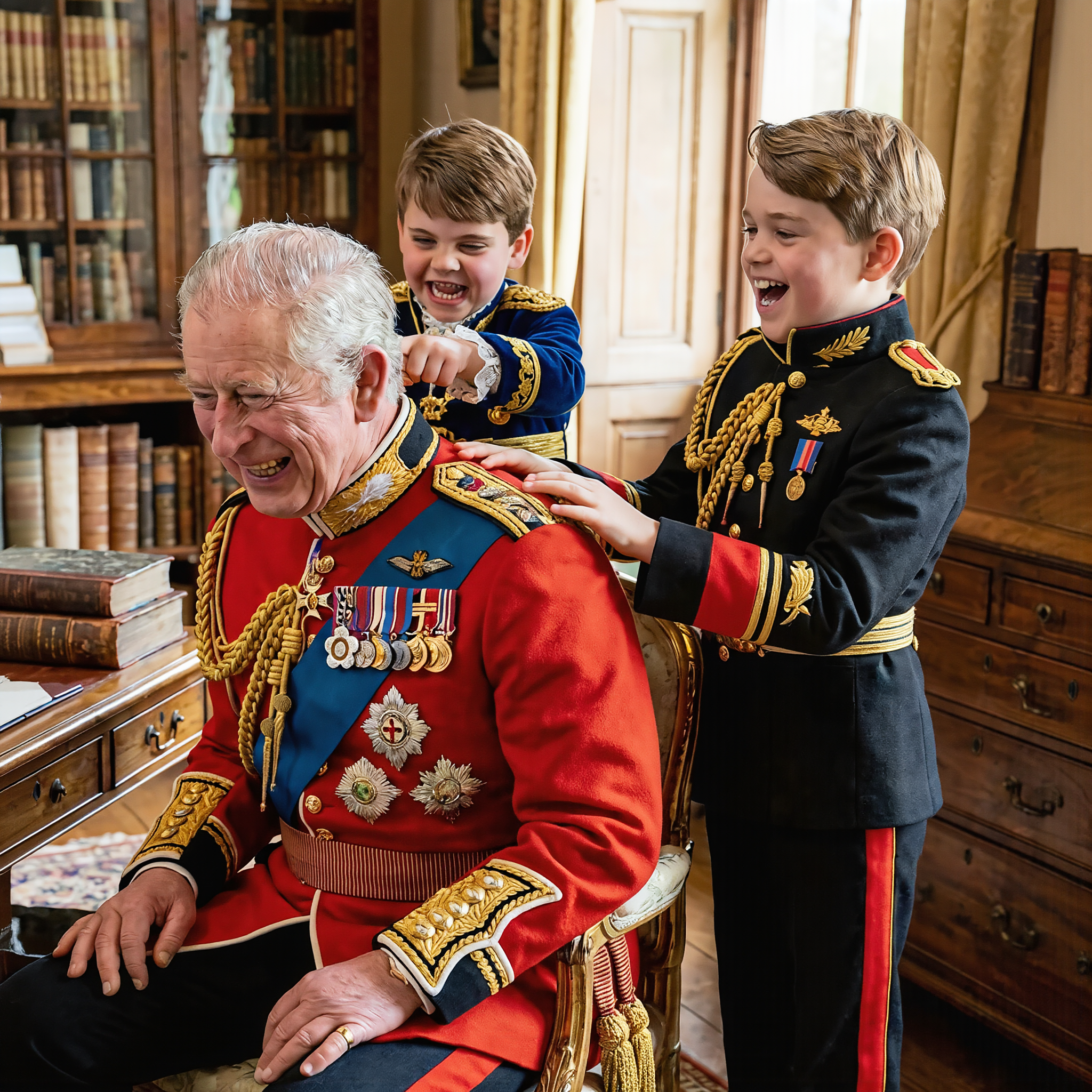 XĂła hoĂ ng tá» Geogre. ThĂȘm cĂŽng chĂșa Charlotte tháșŻt tĂłc con tĂt cho vua Charles. HoĂ ng tá» Louis cưá»i nghiĂȘng ngĂŁ.