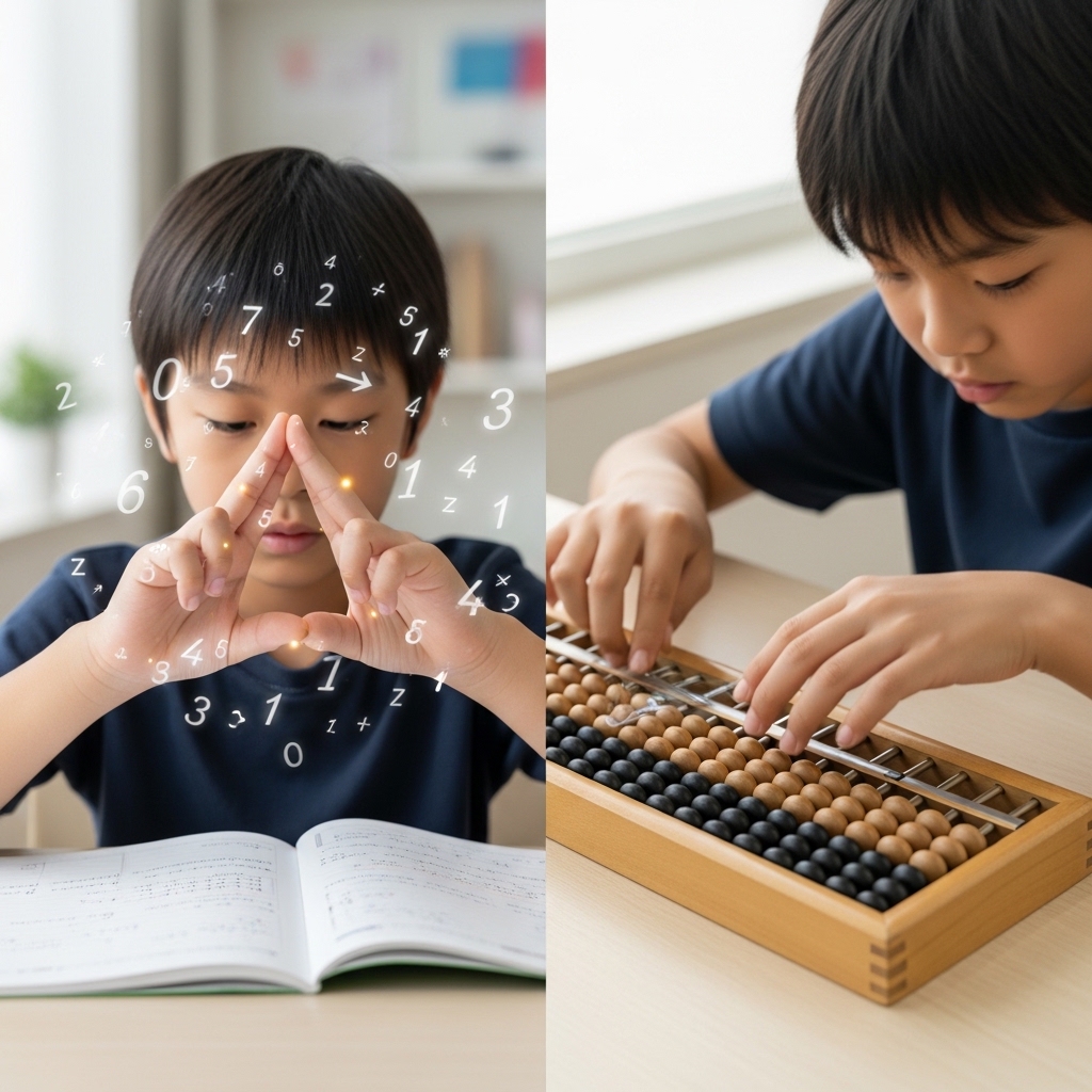 Hình ảnh so sánh phương pháp toán Finger Math (dùng tay) và toán Soroban (dùng bàn tính).
