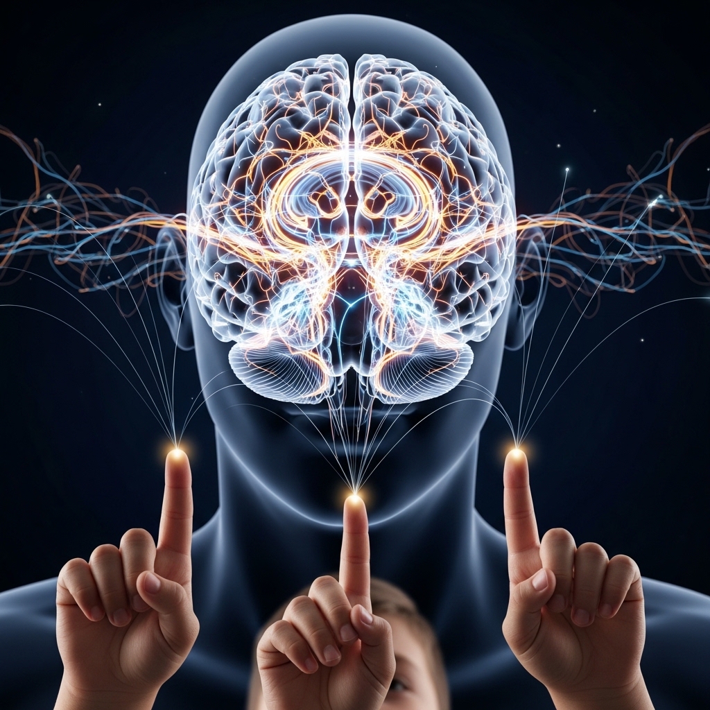 Sơ đồ minh họa hai bán cầu não được kích thích đồng thời khi học toán Finger Math.