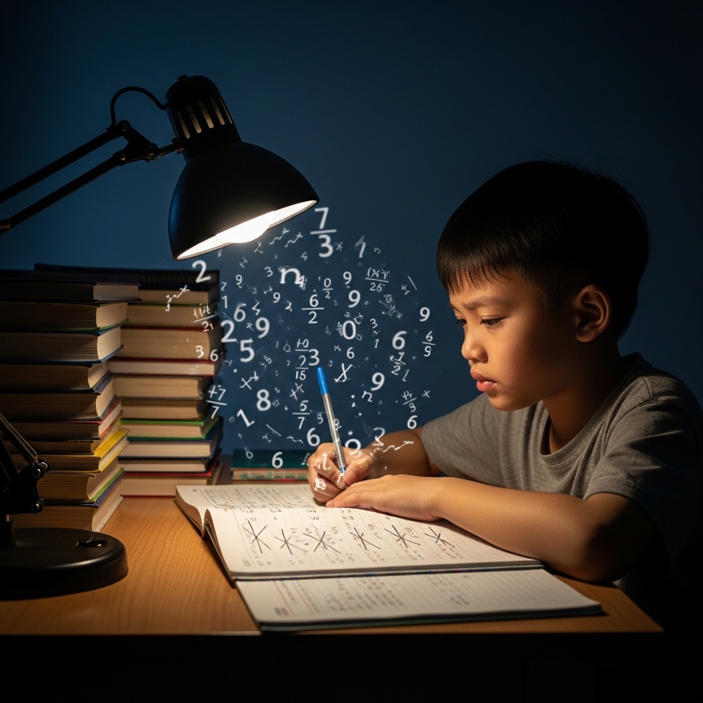 Học sinh nam mệt mỏi bên bàn học, minh họa cho áp lực học tập và phương pháp học toán không hiệu quả.