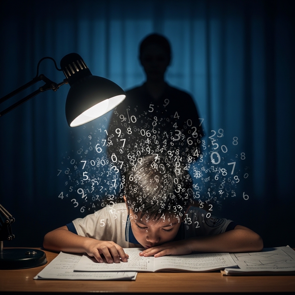 Một đứa trẻ đang vật lộn với bài tập toán, biểu hiện của việc con ghét toán.