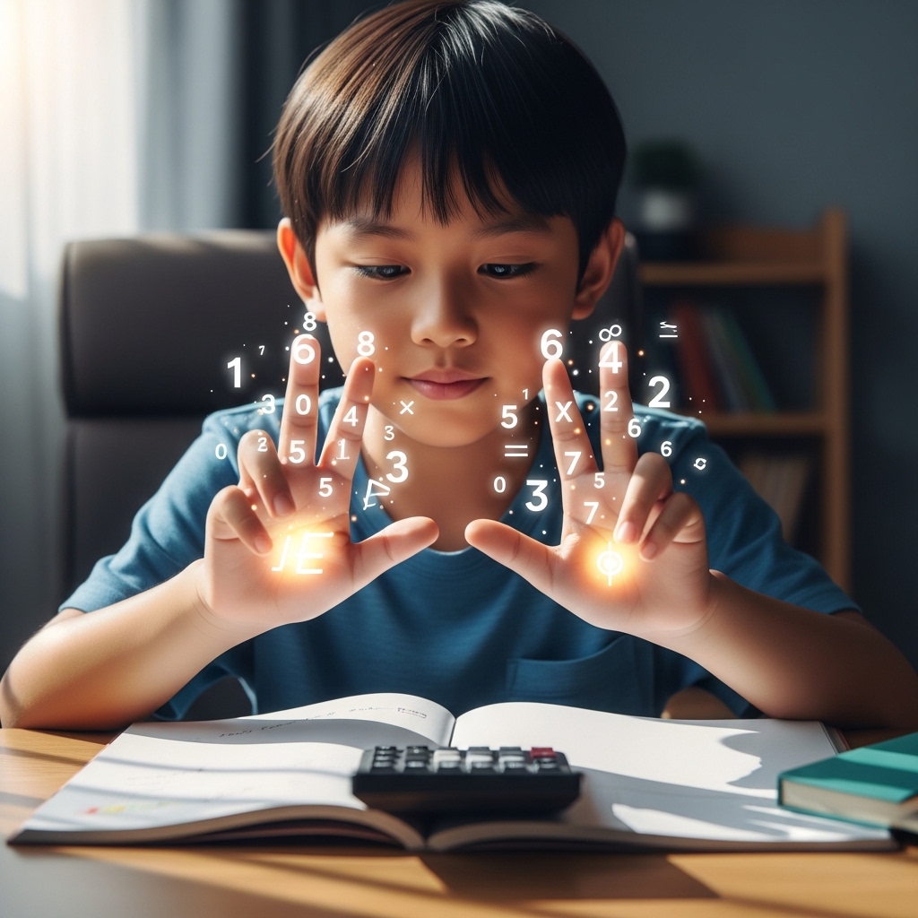 Bàn tay của trẻ em đang thực hiện phép tính cộng trừ bằng phương pháp toán Finger Math.