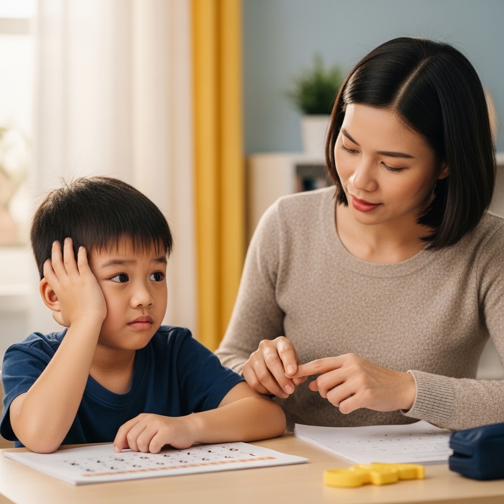 Một bé gái đang lo lắng khi học toán, minh họa cho chứng sợ toán mà phương pháp Finger Math có thể giải quyết