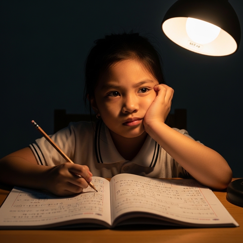 Một em bé tiểu học trông căng thẳng và sợ hãi khi làm bài tập toán.