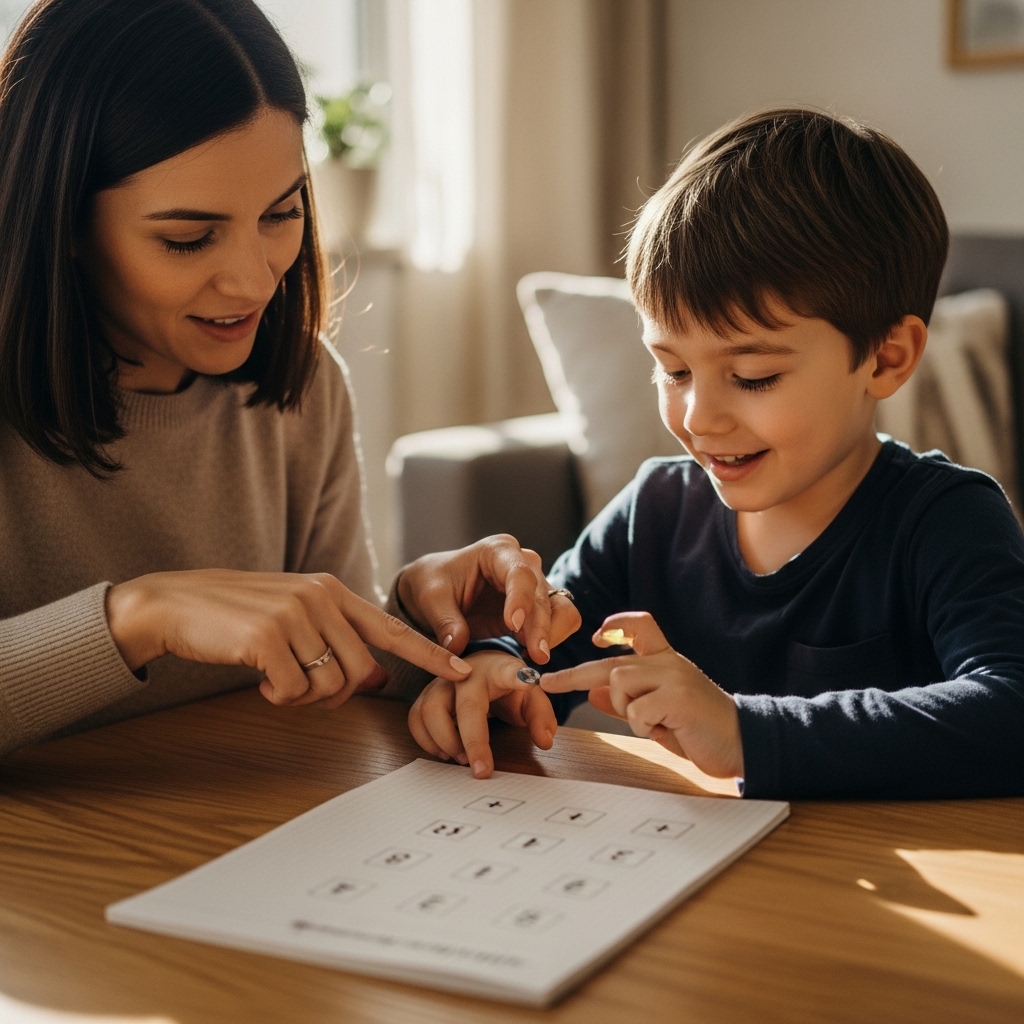 Mẹ và bé cùng nhau vui vẻ thực hành toán Finger Math tại nhà.