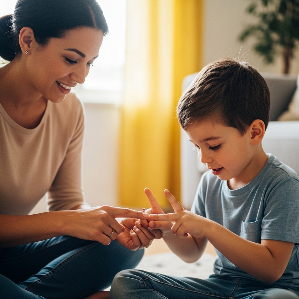 Một em bé vui vẻ giơ tay học toán, bắt đầu hành trình chinh phục Finger Math