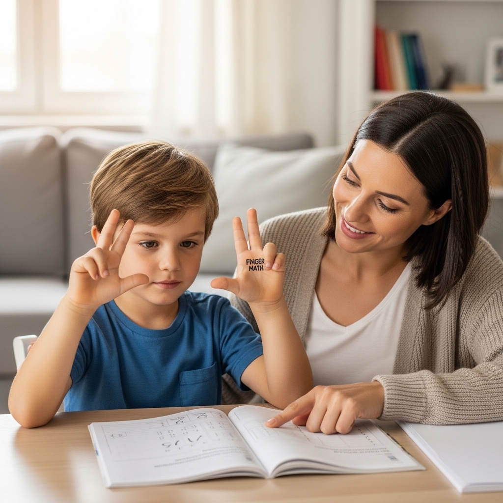 Cha mẹ đang hướng dẫn con học Finger Math tại nhà một cách vui vẻ.