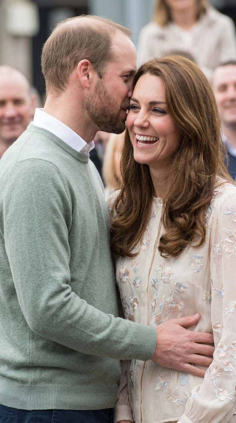 Thay đổi trang phục khác cho hoàng tử William và công nương Kate nhưng vẫn thể hiện sự nhẹ nhàng. Thêm ít râu cua nón cho hoàng tử William nhưng không đội nón.