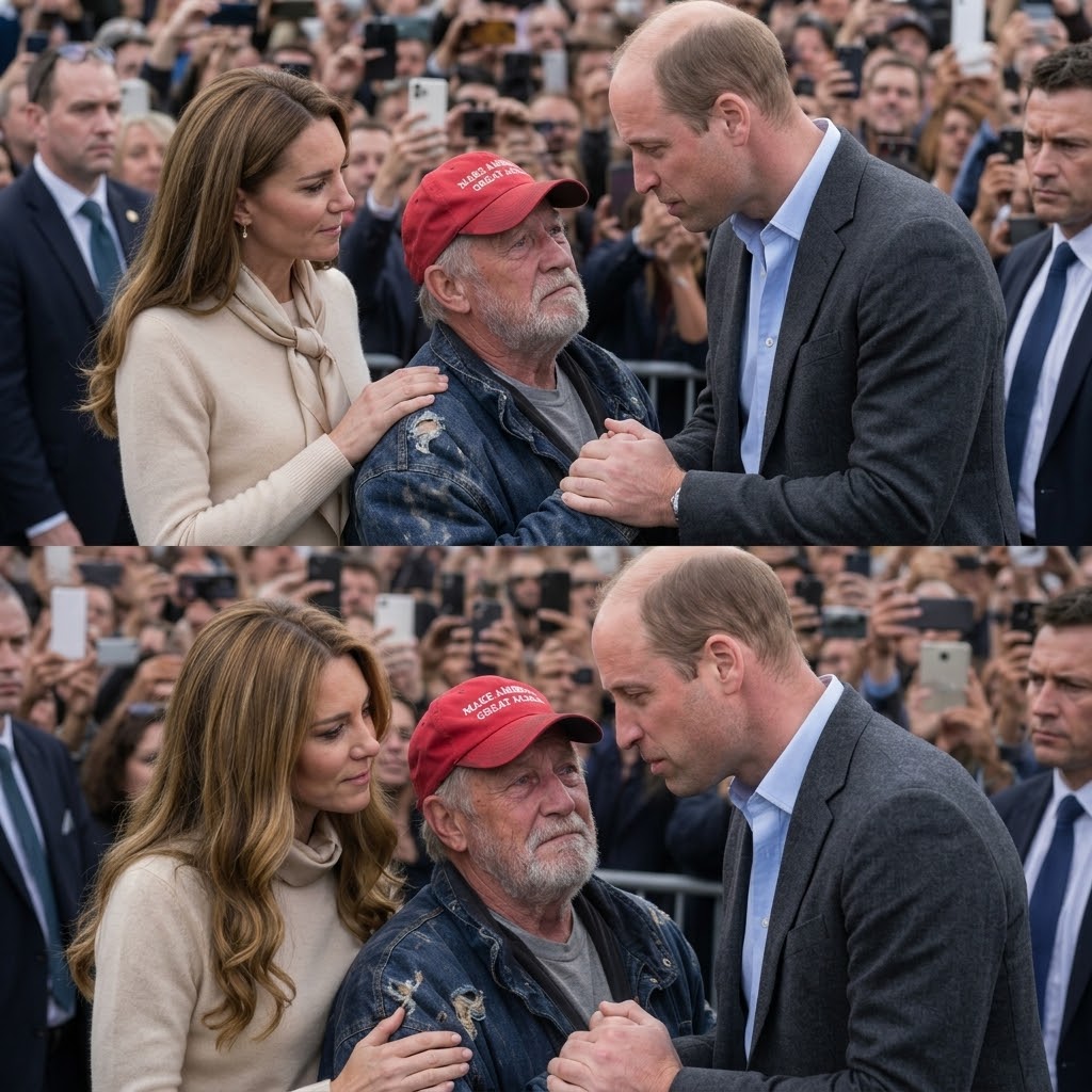 Thay đổi trang phục khác cho hoàng tử William và công nương Kate nhưng vẫn thể hiện sự nhẹ nhàng. Thay đổi áo của người đàn ông có vài chỗ rách và vẻ mặt buồn bã. Giữ nguyên bố cục ảnh.