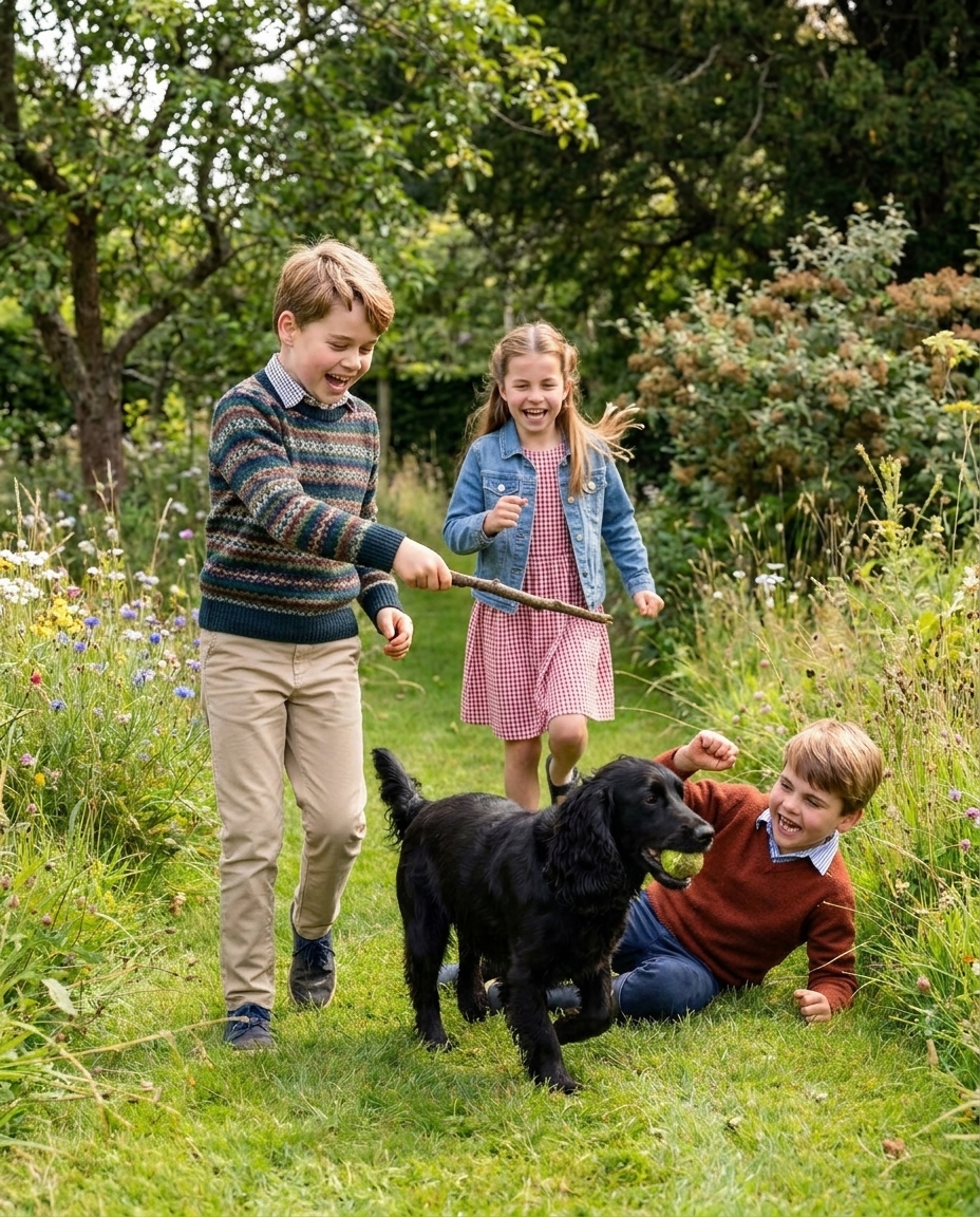 Thay đổi trang phục khác cho hoàng tử Louis, hoàng tử Geogre và công chúa Charlotte. Con chó ngậm quả bóng nhỏ trong miệng.