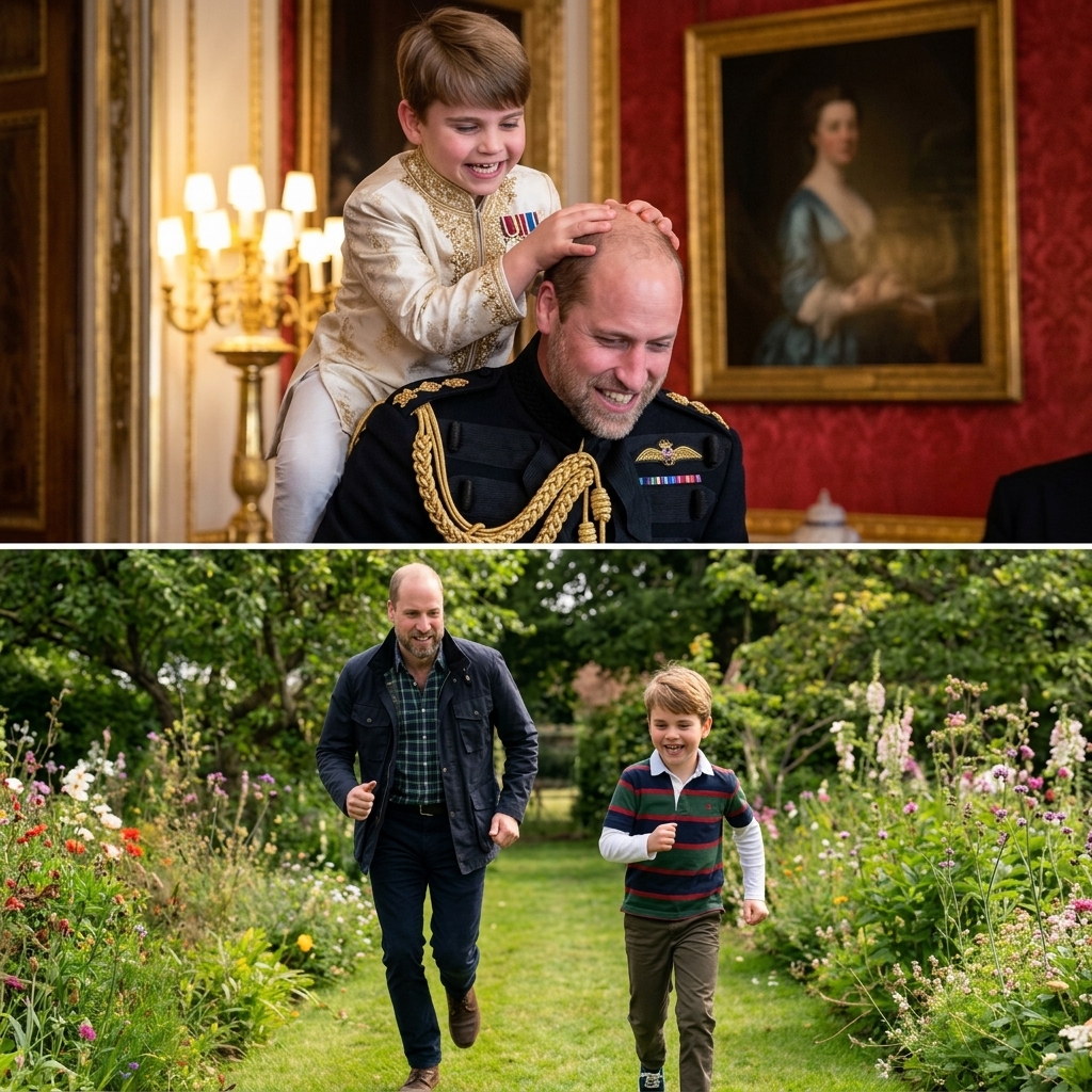 Giữ nguyên bố cục ảnh: Phần ảnh phía trên thay đổi trang phục chuẩn hoàng gia khác cho hoàng tử William và hoàng tử Louis. Phần ảnh phía dưới thay đổi trang phục khác cho hoàng tử William và hoàng tử Louis. Thêm râu cua nón nhạt không sẩm cho hoàng tử William và không đội nón.