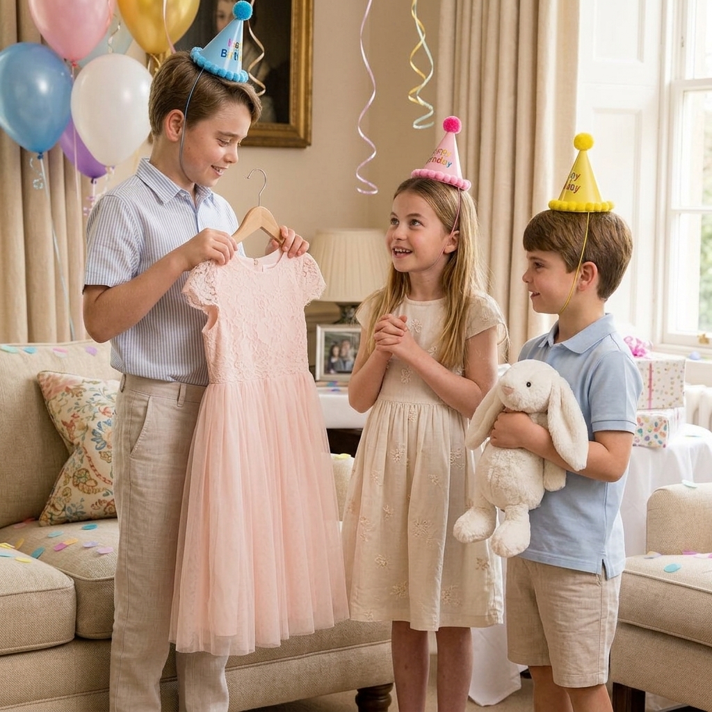 Thay đổi trang phục khác cho công chúa Charlotte, hoàng tử Louis và hoàng tử George nhưng vẫn thể hiện sự nhẹ nhàng. Thay đổi chiếc váy cầm trên tay hoàng tử George thành chiếc váy màu hồng nhẹ nhàng. Thay đổi con gấu bông thành con thỏ bông trên tay hoàng tử Louis. 3 người trong ảnh đội mũ sinh nhật.