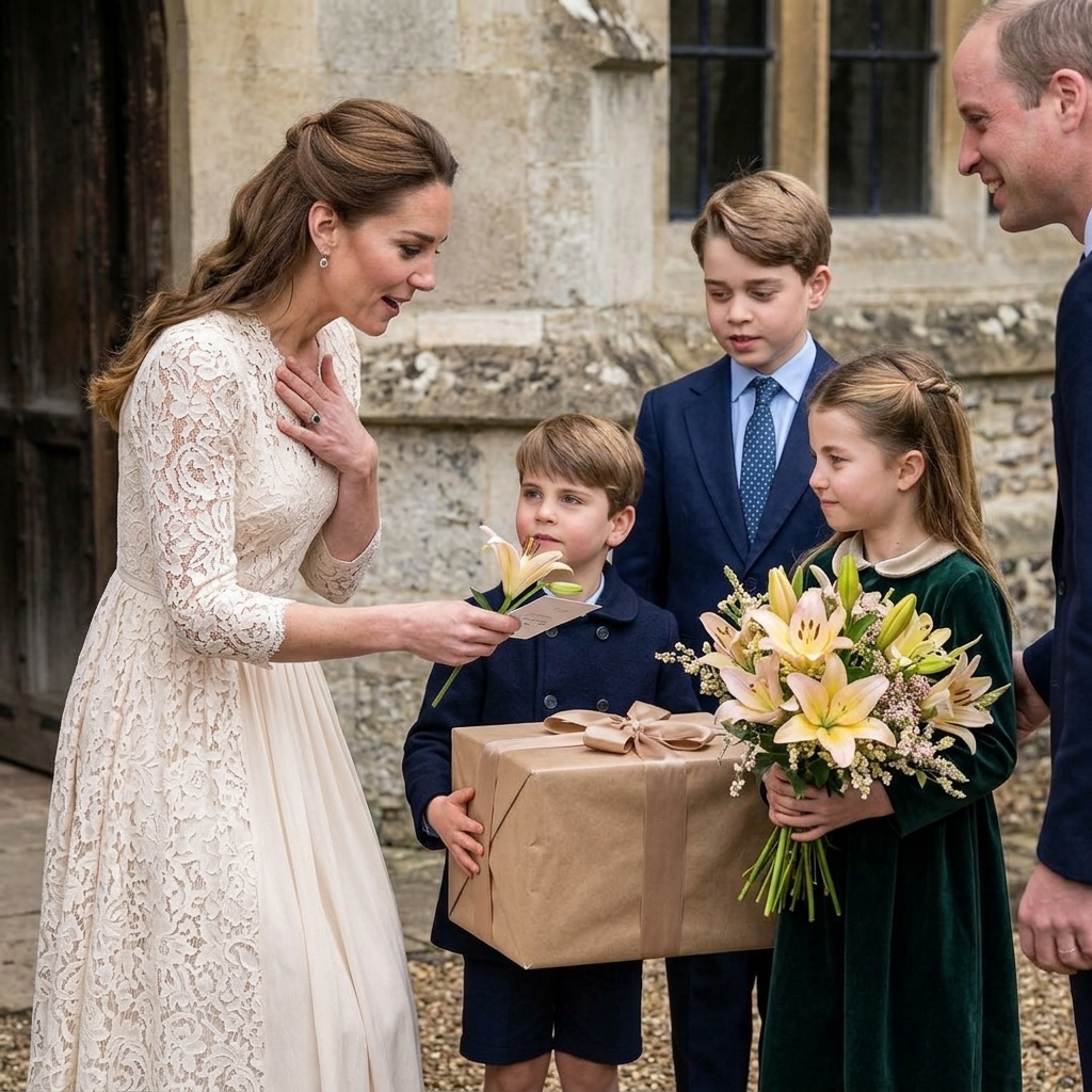 Thay đổi trang phục khác cho hoàng tử Geogre, hoàng tử Louis và công chúa Charlotte. Thay đổi bó hoa hồng thành bó hoa lily màu hồng vàng nhạt. Thêm công nương Kate mặc váy nhẹ nhàng đứng phía trước với vẻ mặt bất ngờ, cảm động khi nhận được quà từ các con.