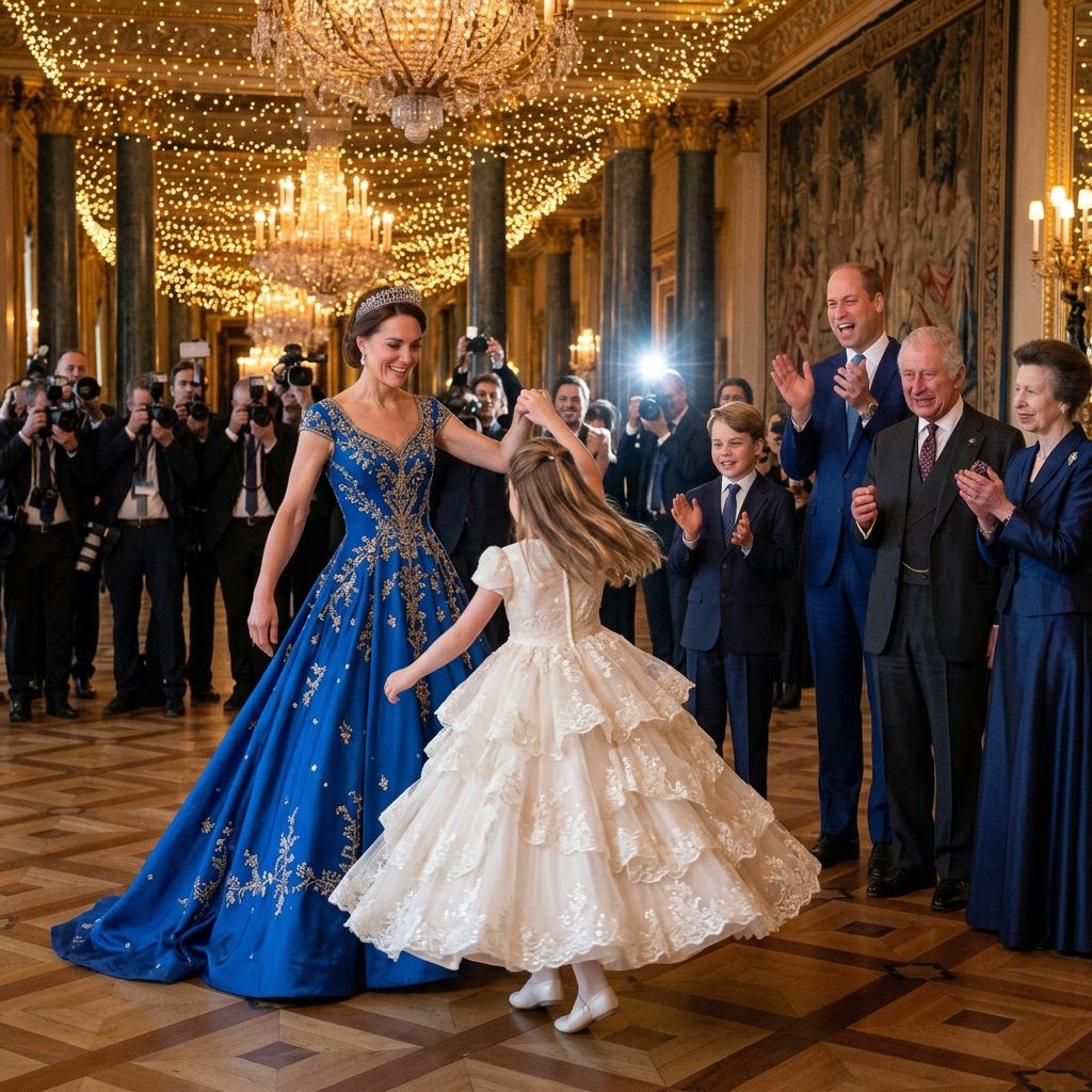 Thay đổi trang phục múa dạ hội khác cho công nương Kate và công chúa Charlotte nhưng vẫn thể hiện sự sang trọng lộng lẫy. Thêm vua Charles và bà Anne đứng xem vỗ tay bên cạnh cha con hoàng tử William. Thêm nhiều nhà báo phóng viên đứng xung quanh chụp hình.