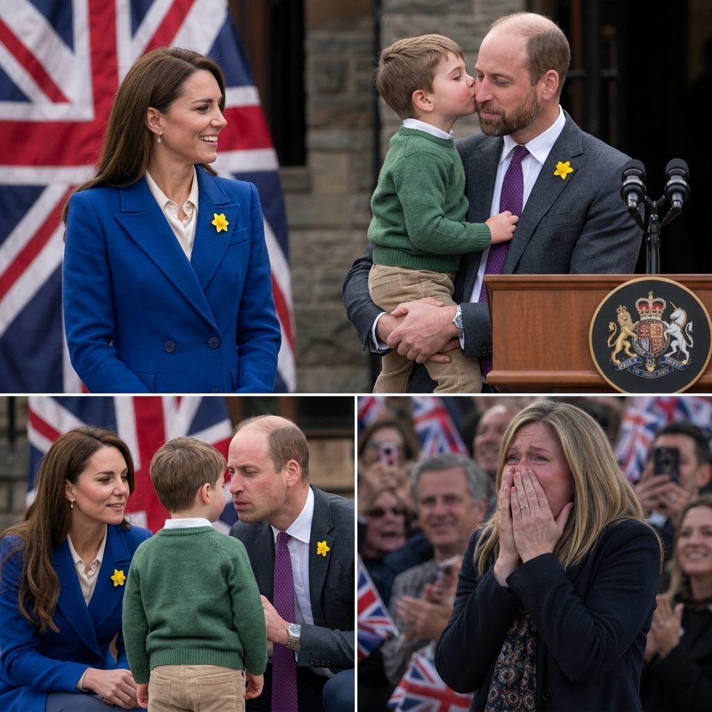 Thay đổi trang phục khác cho hoàng tử William, công nương Kate và cậu bé. Giữ nguyên râu của hoàng tử William. Giữ nguyên bố cục ảnh: Phần ảnh phía trên thay đổi khoảnh khắc cậu bé hôn vào má hoàng tử William.