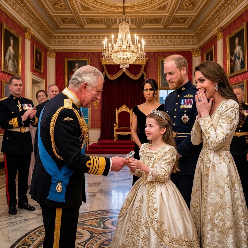 Thay đổi trang phục hoàng gia khác cho hoàng tử William. Thay đổi trang phục hoàng gia khác cho công nương Kate đồng bộ với công chúa Charlotte. Thêm ít râu cua nón cho hoàng tử William không sẩm màu và không đội nón. Thay đổi không gian khác trong cung điện hoàng gia.
