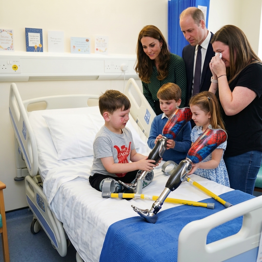 Thay đổi vị trí hoàng tử William và công nương Kate đứng cạnh bà mẹ của cậu bé. Thêm hoàng tử Louis và công chúa Charlotte mỗi người cầm 1 chiếc chân giả có hình Spider man để tặng cho cậu bé.