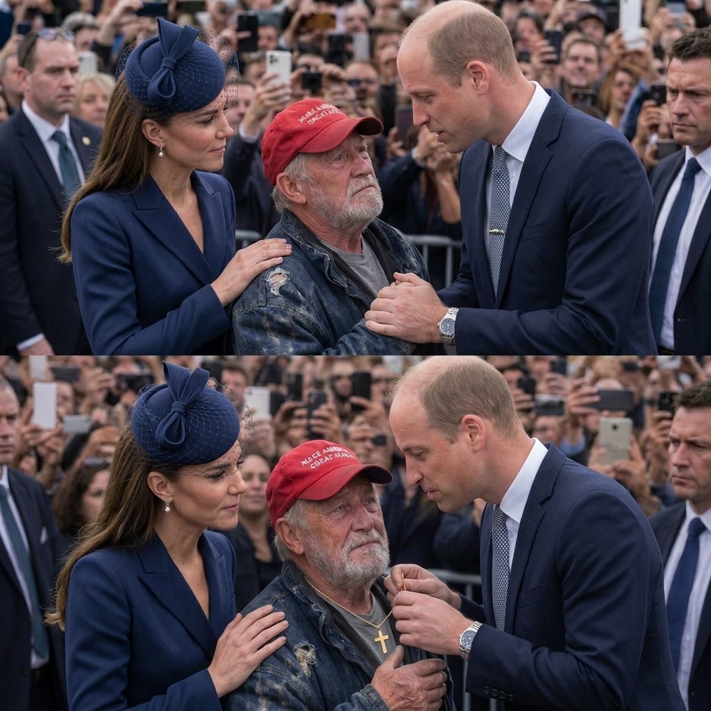 Thay đổi trang phục khác cho hoàng tử William và công nương Kate nhưng phải đồng bộ trang phục 2 phần ảnh giống nhau. Giữ nguyên bố cục ảnh: Phần ảnh phía dưới thay đổi khoảnh khắc hoàng tử William đeo sợi dây  chuyền thánh giá vào cổ ông lão. 