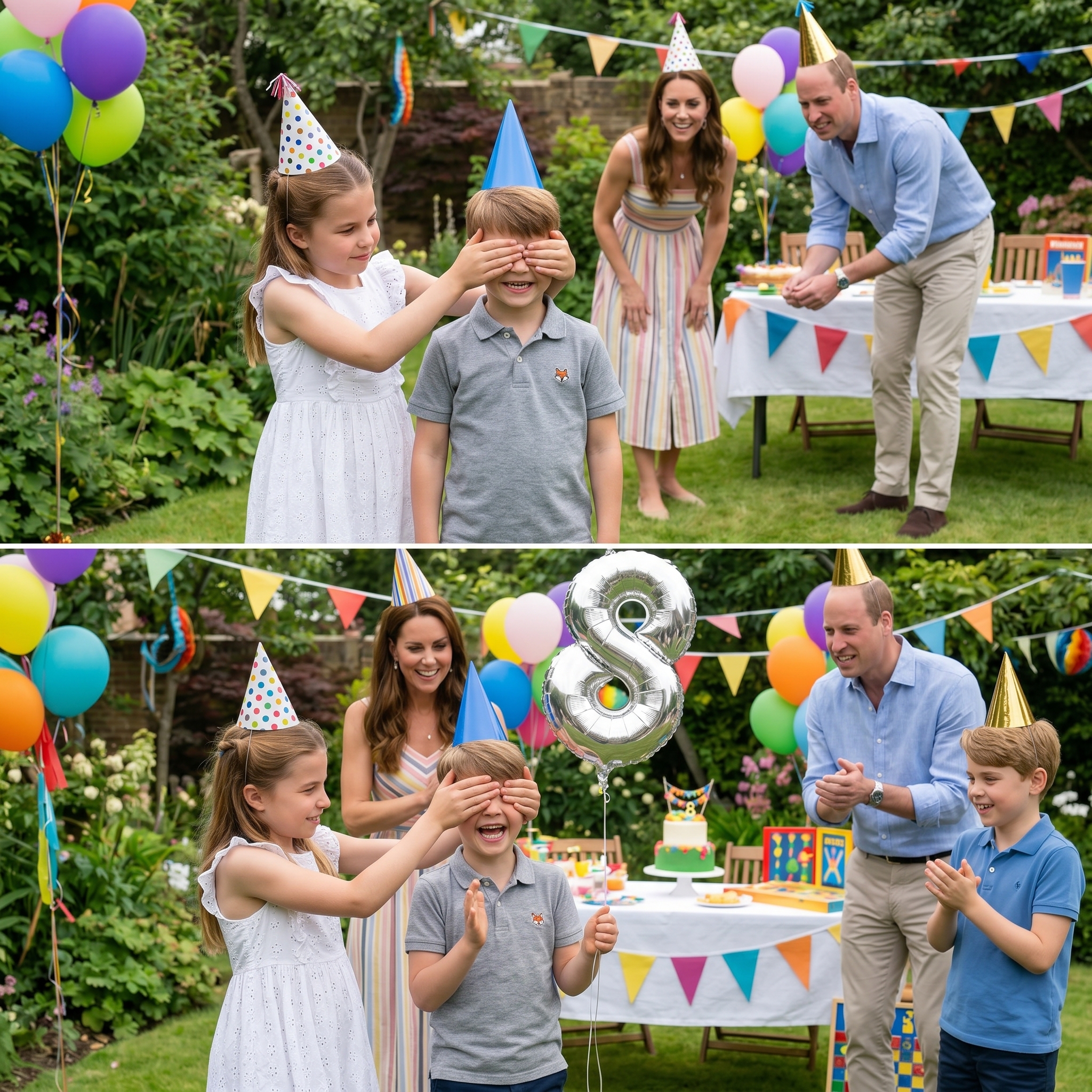 Thay đổi trang phục khác cho các thành viên gia đình công nương Kate. Tất cả mọi người trong ảnh đều đội mũ sinh nhật. Hoàng tử Geogre cầm bong bóng có hình số 8. Giữ nguyên bố cục ảnh