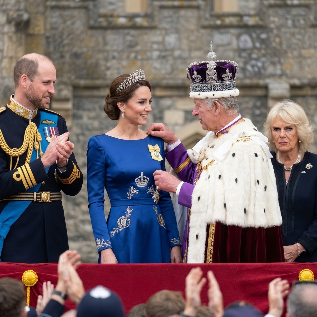 Thay đổi trang phục chuẩn hoàng gia khác cho công nương Kate và đeo vương miệng hoàng gia trên đầu. Thêm hoàng tử William có râu cua nón nhạt không sẩm và không đội nón. Khuôn mặt bà Camilla giận dữ. 