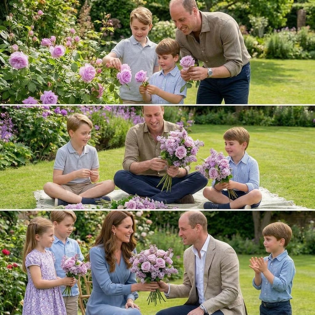 Thay đổi trang phục khác cho công nương Kate, công chúa Charlotte, hoàng tử William, hoàng tử Geogre và hoàng tử Louis. Thay đổi màu hoa thành màu tím nhạt.