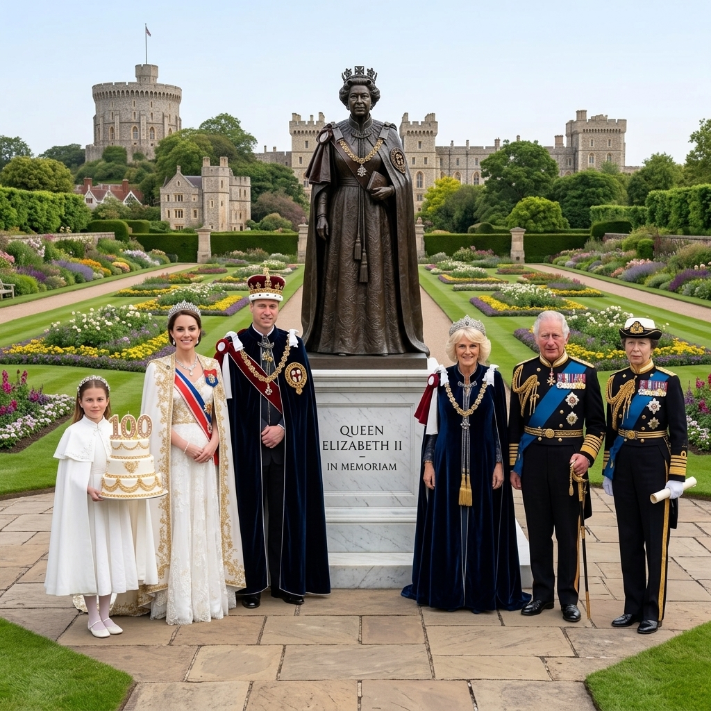 Thêm hoàng tử William mặc trang phục hoàng gia đứng cạnh công nương Kate. Thêm vua Charles mặc trang phục hoàng gia. Thêm bà Camiila đứng cạnh bà Anne và Vua Charles. Thay đổi không gian khu vườn hoàng gia. Thay đổi bia mộ bà Diana thành tượng bà Elizabeth II. Công chúa Charlotte cầm thêm bánh kem có số 100. Xóa số 2023.