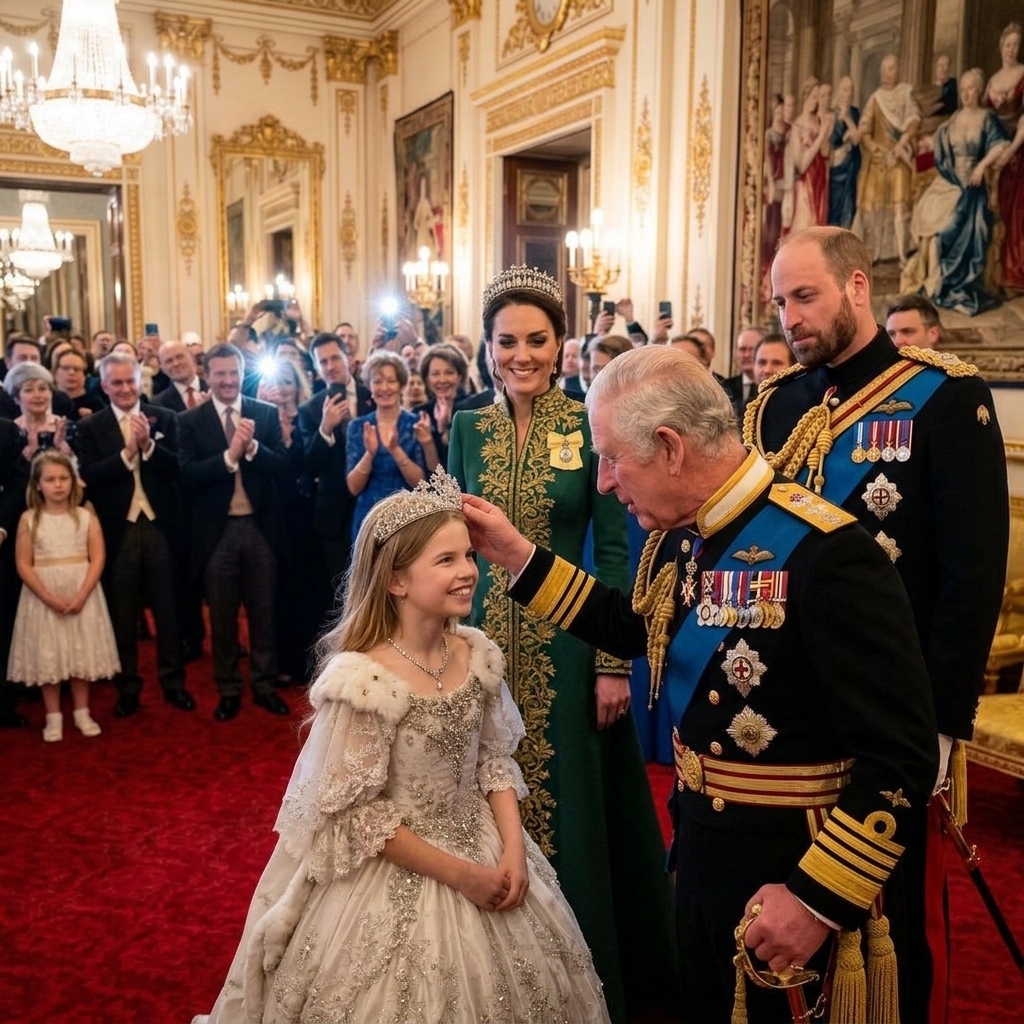 Thay đổi trang phục hoàng gia cho hoàng tử William, vua Charles và công nương Kate. Thêm ít râu cua nón cho hoàng tử William và không đội nón. Giữ nguyên bố cục ảnh.