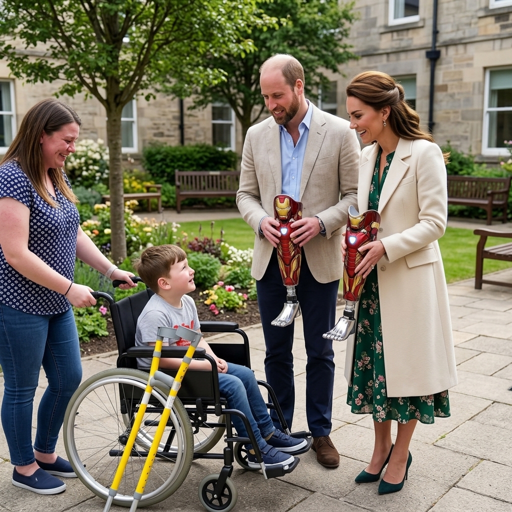 Thay đổi trang phục khác cho công nương Kate và hoàng tử William. Thêm râu cua nón nhạt không sẩm cho hoàng tử William và không đội nón. Thay đổi bối cảnh cậu bé đang ngồi trên xe lăn ở ngoài sân bệnh viện được công nương Kate và hoàng tử William tặng cho cặp chân giả có hình Iron Man.