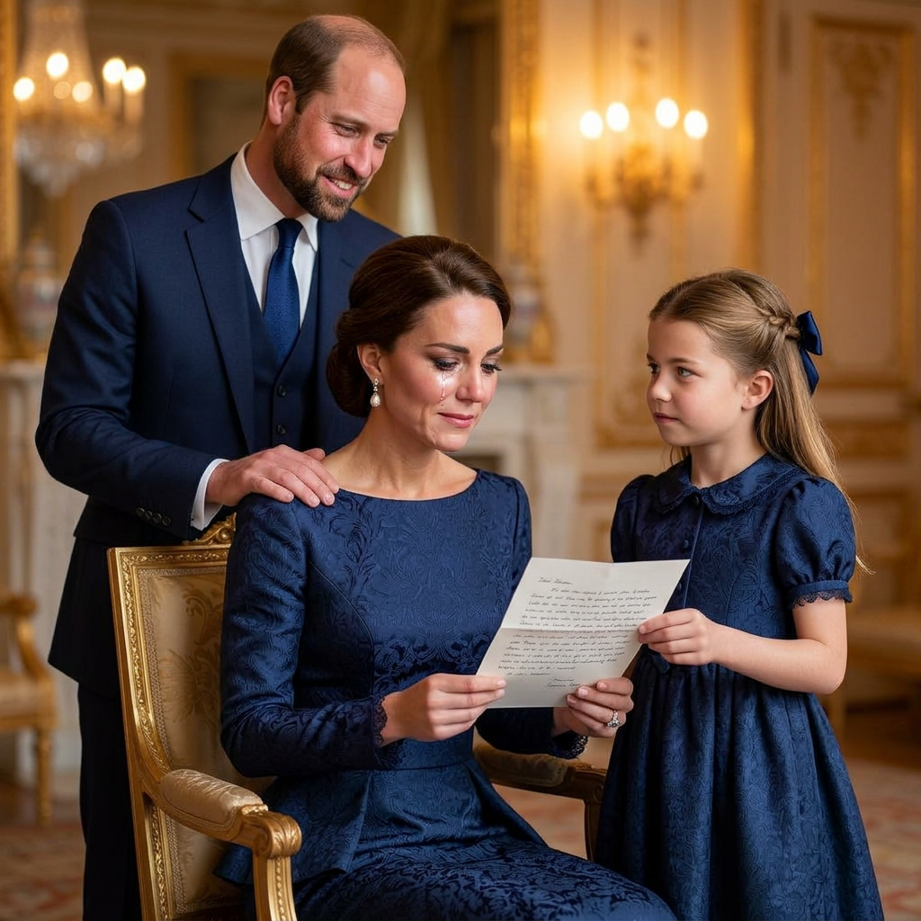 Thay đổi trang phục khác cho công nương Kate và công chúa Charlotte nhưng trang phục phải đồng bộ với nhau và thể hiện sự quý phái, sang trọng. Công nương Kate đọc lá thư cảm động bật khóc. Thêm hoàng tử William măc vest lịch lãm đứng phía sau đặt tay lên vai công nương Kate với nụ cười xúc động hạnh phúc và hoàng tử William có ít râu cua nón và không đội nón.