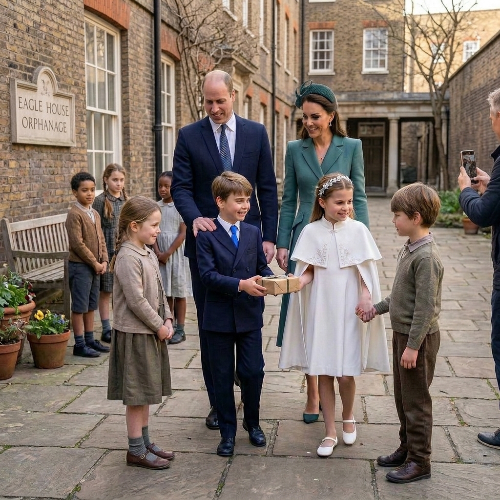 Thêm công nương Kate và hoàng tử William đi bên cạnh hoàng tử Louis. Thay đổi không gian ở cô nhi viện Eagle House. Hoàng tử Louis tặng quà cho các bạn nhỏ ở cô nhi viện. Xóa bà lão.