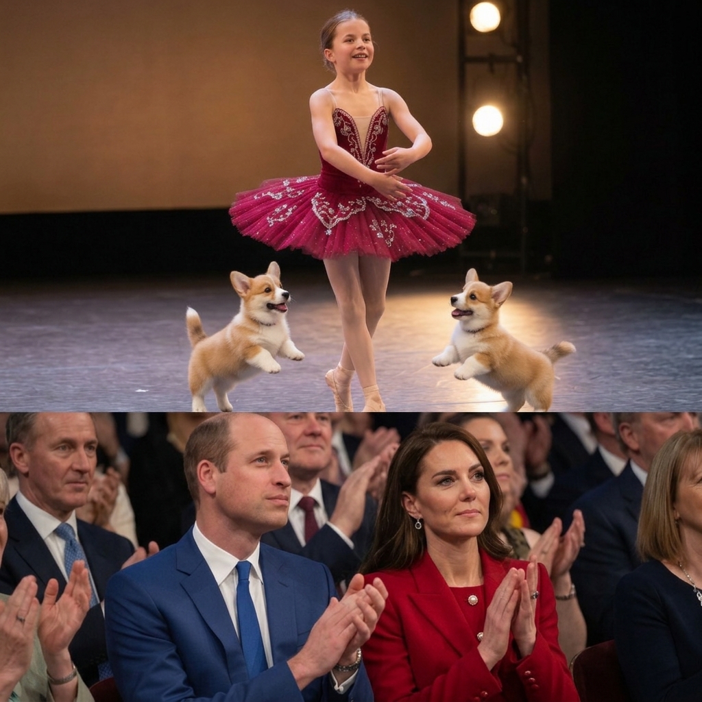 Thay đổi váy múa ba lê lấp lánh màu đỏ cho công chúa Charlotte. Thay đổi váy màu đỏ cho công nương Kate nhưng vẫn thể hiện sự sang trọng. Giữ nguyên bố cục ảnh.