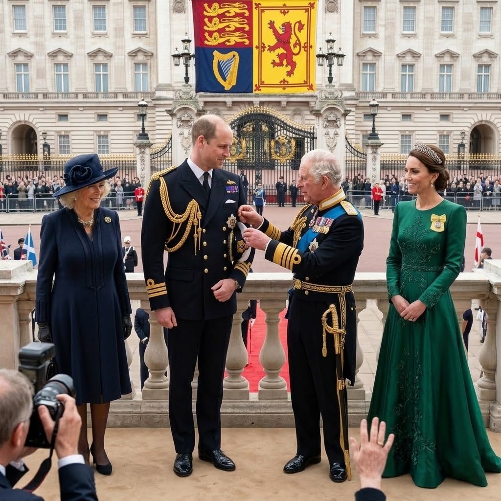 Thay đổi khoảnh khắc vua Charles trao tặng và đeo quân hàm lên áo cho hoàng tử William trước sự chứng kiến của nhiều người. 