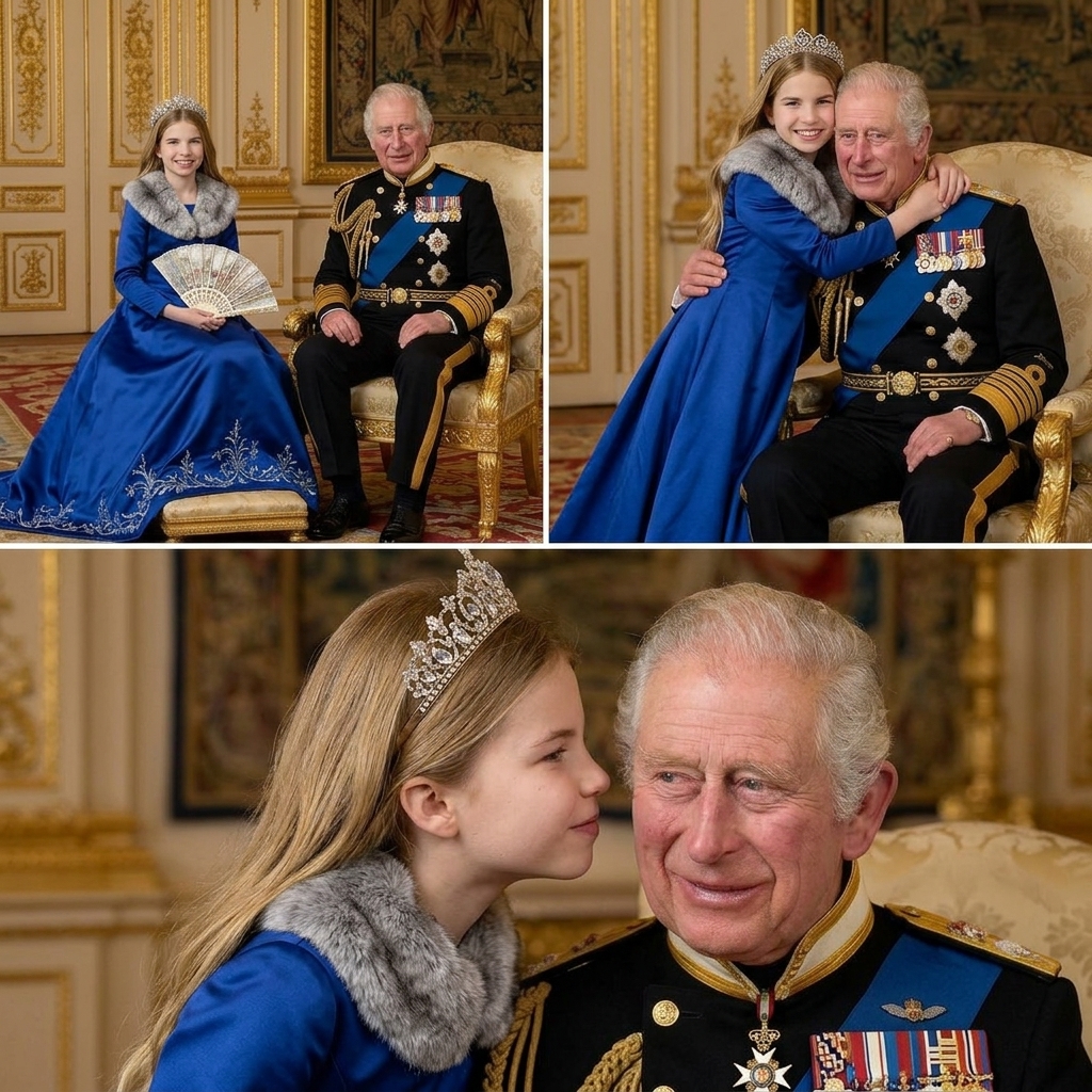 Thay đổi trang phục hoàng gia  khác cho công chúa Charlotte và vua Charles. Giữ nguyên bố cục ảnh 2 hình trên 1 hình dưới.