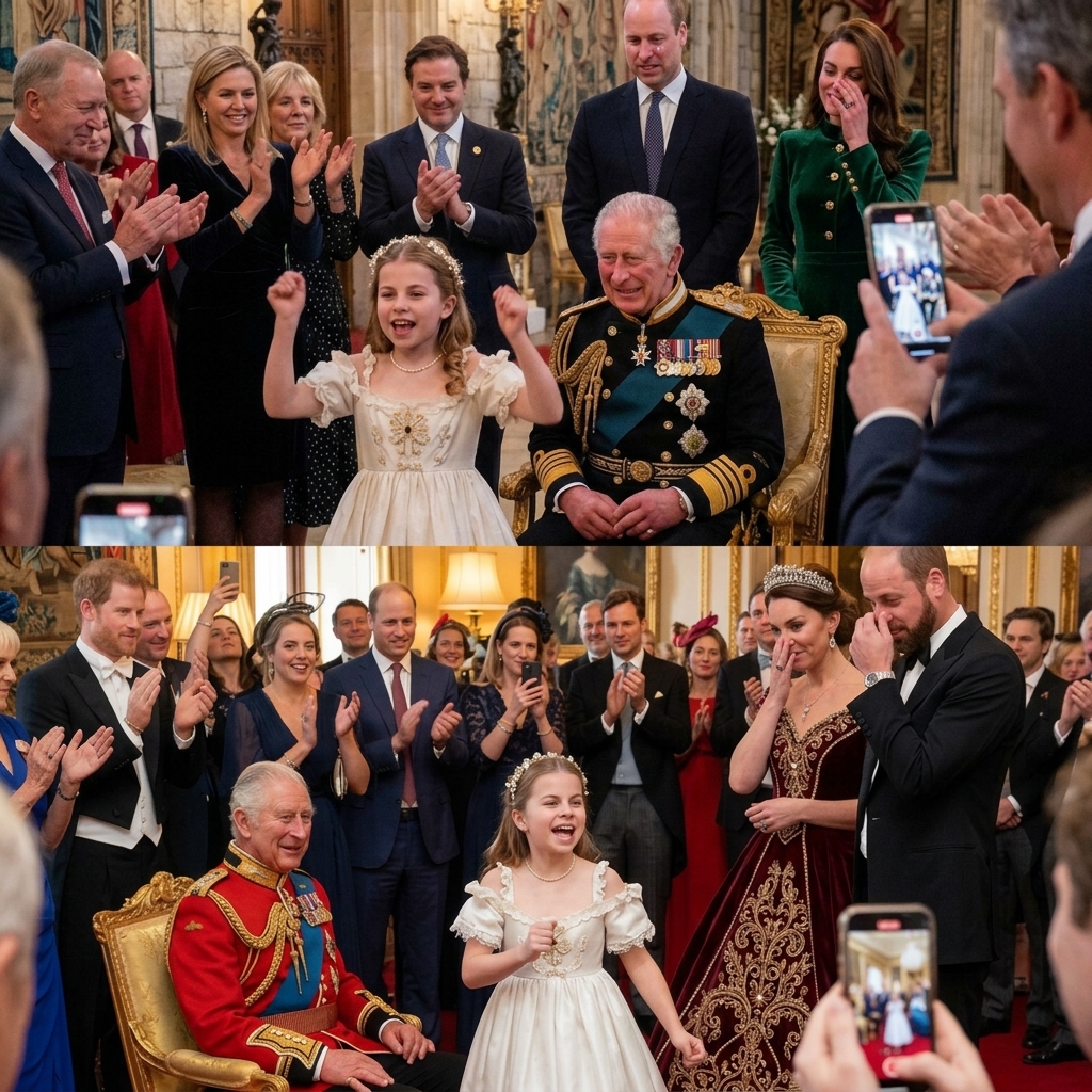 Thay đổi trang phục chuẩn hoàng gia khác cho công nương Kate và vua Charles. Giữ nguyên bố cục ảnh. Thêm râu cua nón cho hoàng tử William và không đội mũ.