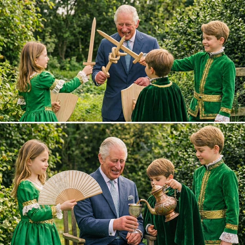 Giữ nguyên bố cục ảnh. Phần ảnh phía trên thay đổi tư thế đấu kiếm gỗ hài hước khác cho công chúa Charlotte và hoàng tử Louis. Phần ảnh phía dưới thay đổi cây quạt to hơn cho công chúa Charlotte cầm quạt cho vua Charles. Hoàng tử Louis cầm ấm trà cổ rót nước trà vào ly cổ cho vua Charles đang cầm.