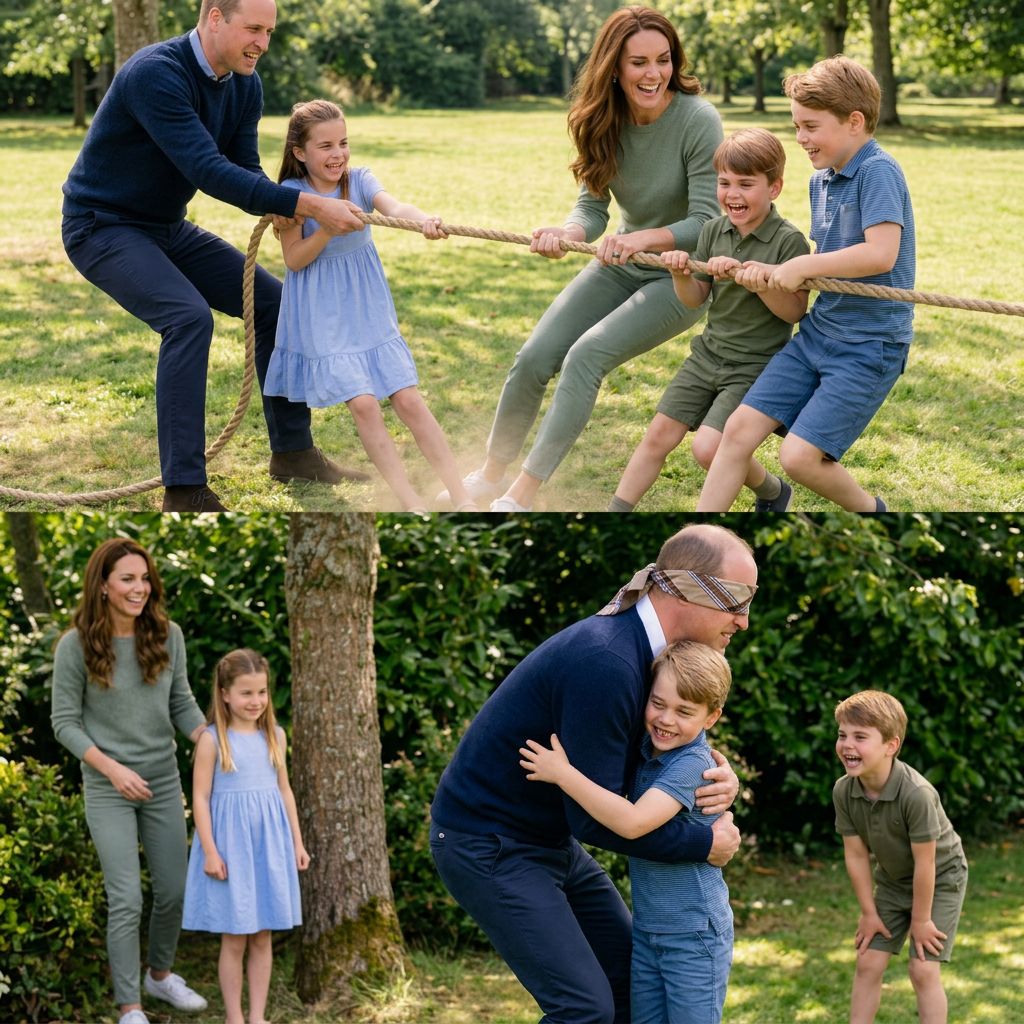 Thay đổi màu trang phục khác cho các thành viên gia đình công nương Kate và hoàng tử William. Giữ nguyên bố cục ảnh. Phần ảnh phía dưới hoàng tử William bịt mắt ôm bắt được hoàng tử Geogre và hoàng tử Louis cười nghiêng ngã.