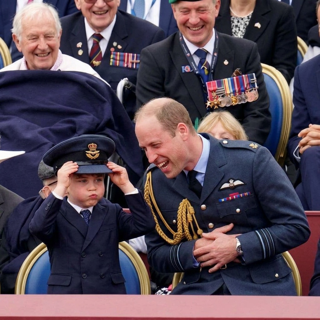 Thay đổi khoảng khắc hoàng tử Louis lấy mũ của hoàng tử Wiliiam đội và làm trò hài hước. Hoàng tử Wiliiam ôm bụng cười.