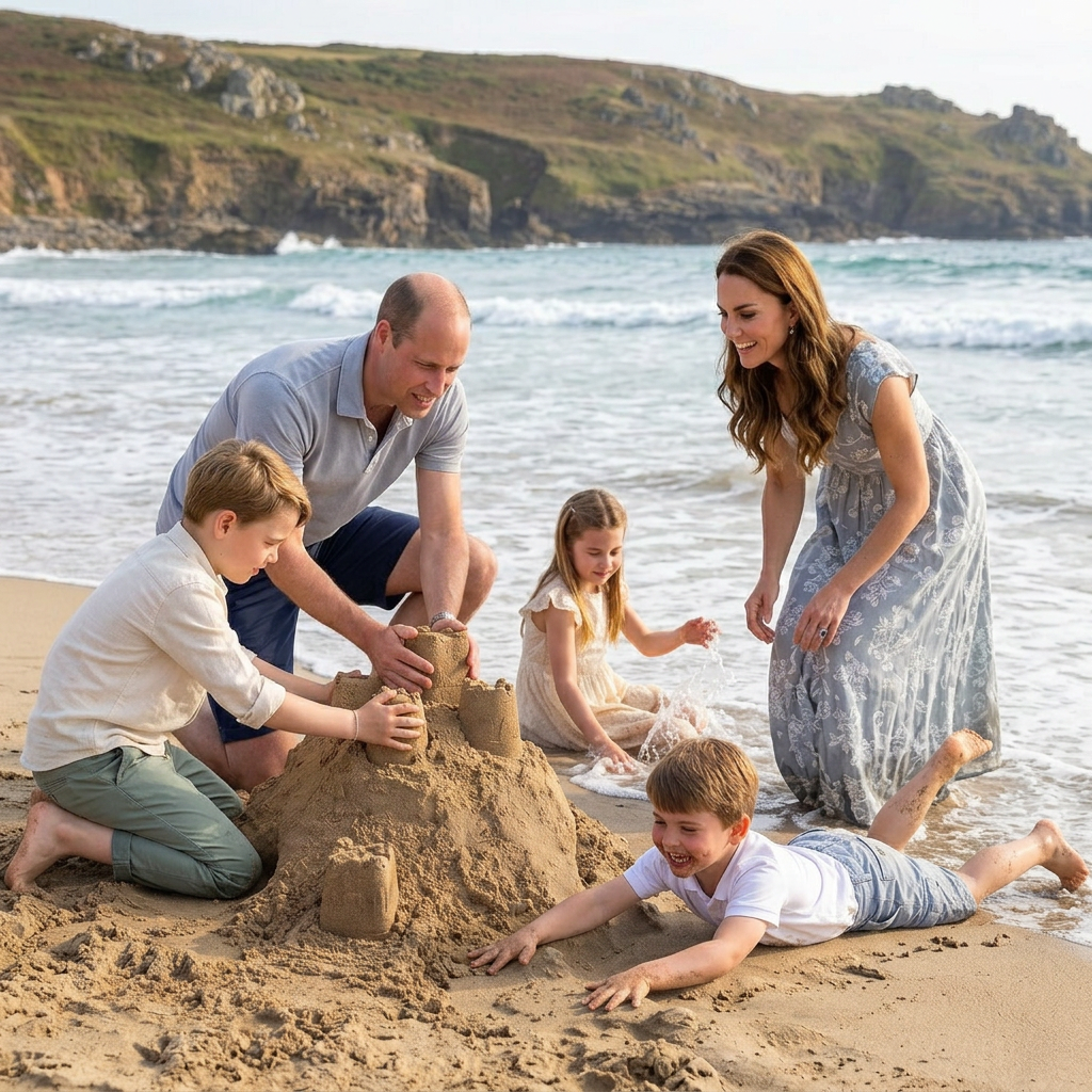 Thay đổi trang phục khác cho các thành viên gia đình công nương Kate nhưng vẫn thể hiện sự nhẹ nhàng. Thay đổi khoảnh khắc hoàng tử Louis nằm xuống cát tư thế bơi.