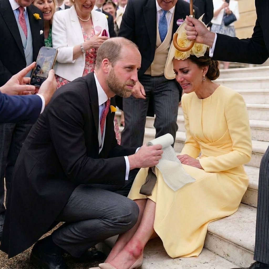 Thêm râu cua nónHoàng tử William nhưng râu không đậm và không đội mũ. Hoàng tử William cầm băng trắng và vẻ mặt lo lắng.