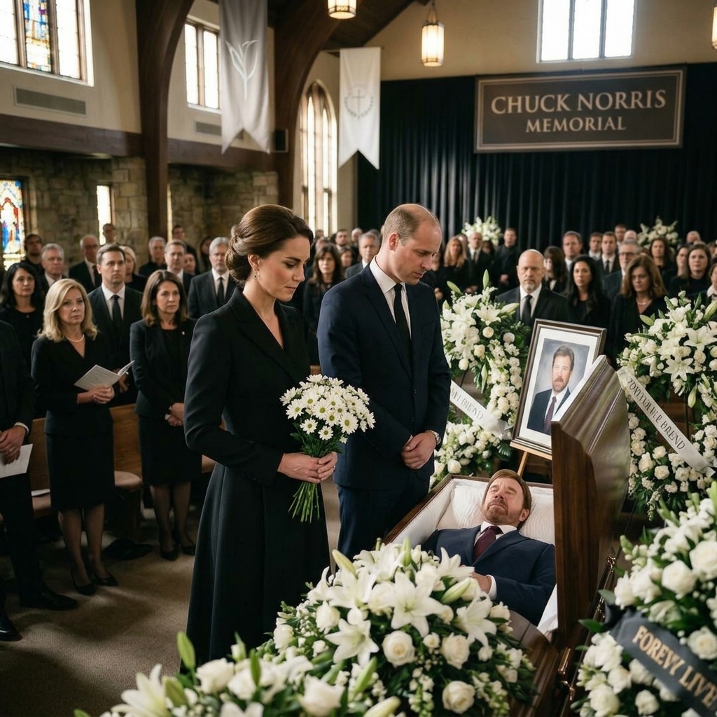 Xóa người 2 đàn ông bên cạnh và thêm công nương Kate đứng cạnh hoàng tử William mặc trang phục màu đen. Công nương Kate cầm hoa cúc trắng.