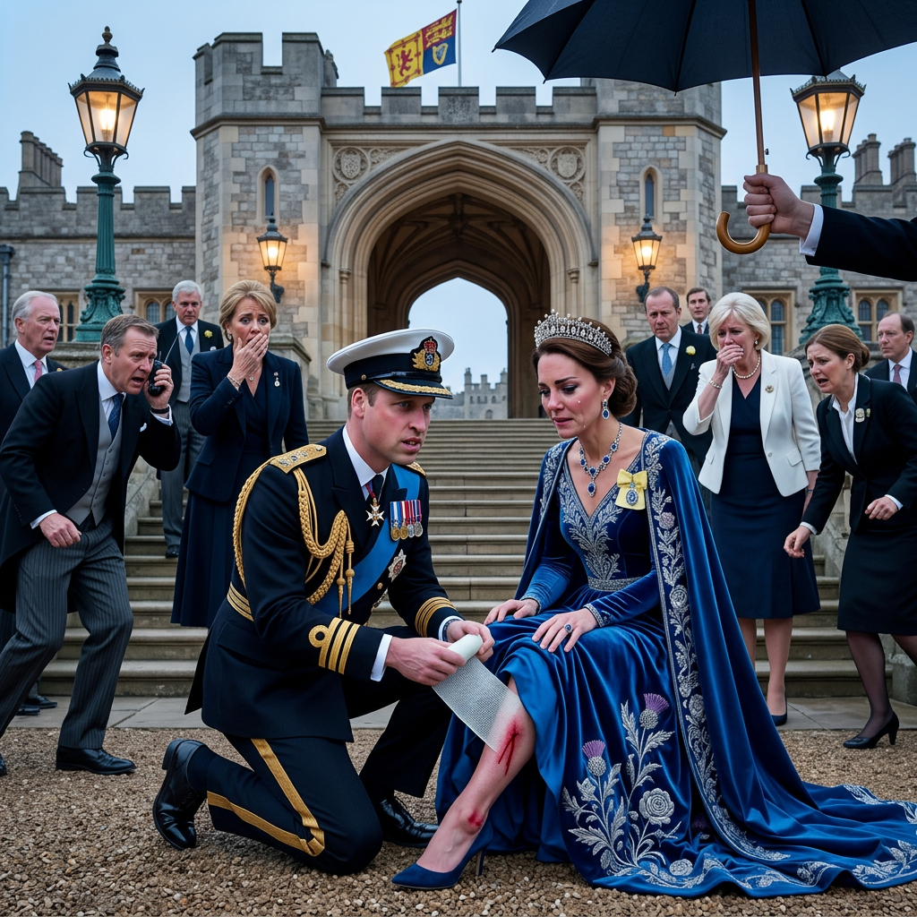 Thay đổi trang phục khác cho hoàng tử William và công nương Kate. Thay đổi không gian trước sảnh lâu đài Anh. Mọi người xung quanh hốt hoảng.