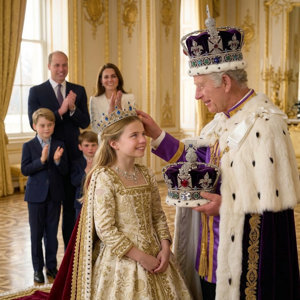 Thay đổi trang phục chuẩn hoàng gia khác cho công chúa Charlotte. Giữ nguyên bố cục ảnh.