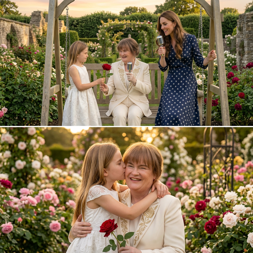 Giữ nguyên bố cục ảnh. Thay đổi trang phục mọi người trong ảnh. Công chúa Charlotte tặng hoa hồng cho bà Susan Boyle. Thay đổi không gian vườn hoa hồng hoàng gia Anh.