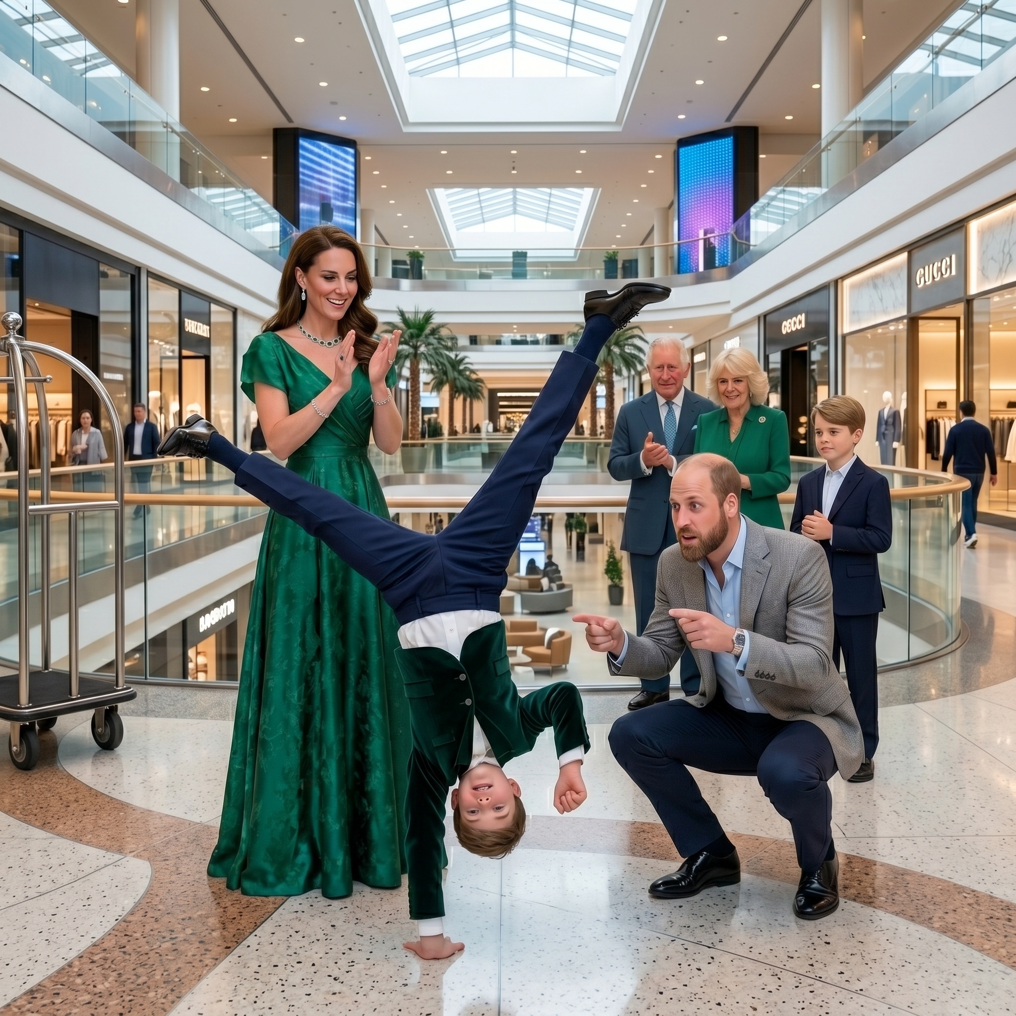 Thay đổi trang phục khác cho công nương Kate,  hoàng tử Louis và hoàng tử William. Thêm râu cua nón nhạt không sẩm màu cho hoàng tử và không đội mũ. Thay đổi không gian sảnh trung tâm thương mại.