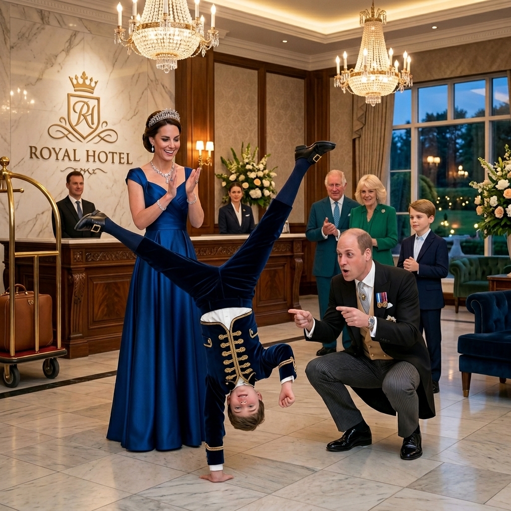 Thay đổi trang phục chuẩn hoàng gia khác cho hoàng tử Louis, công nương Kate và hoàng tử William. Thay đổi không gian trước sảnh chờ khách sạn hoàng gia.