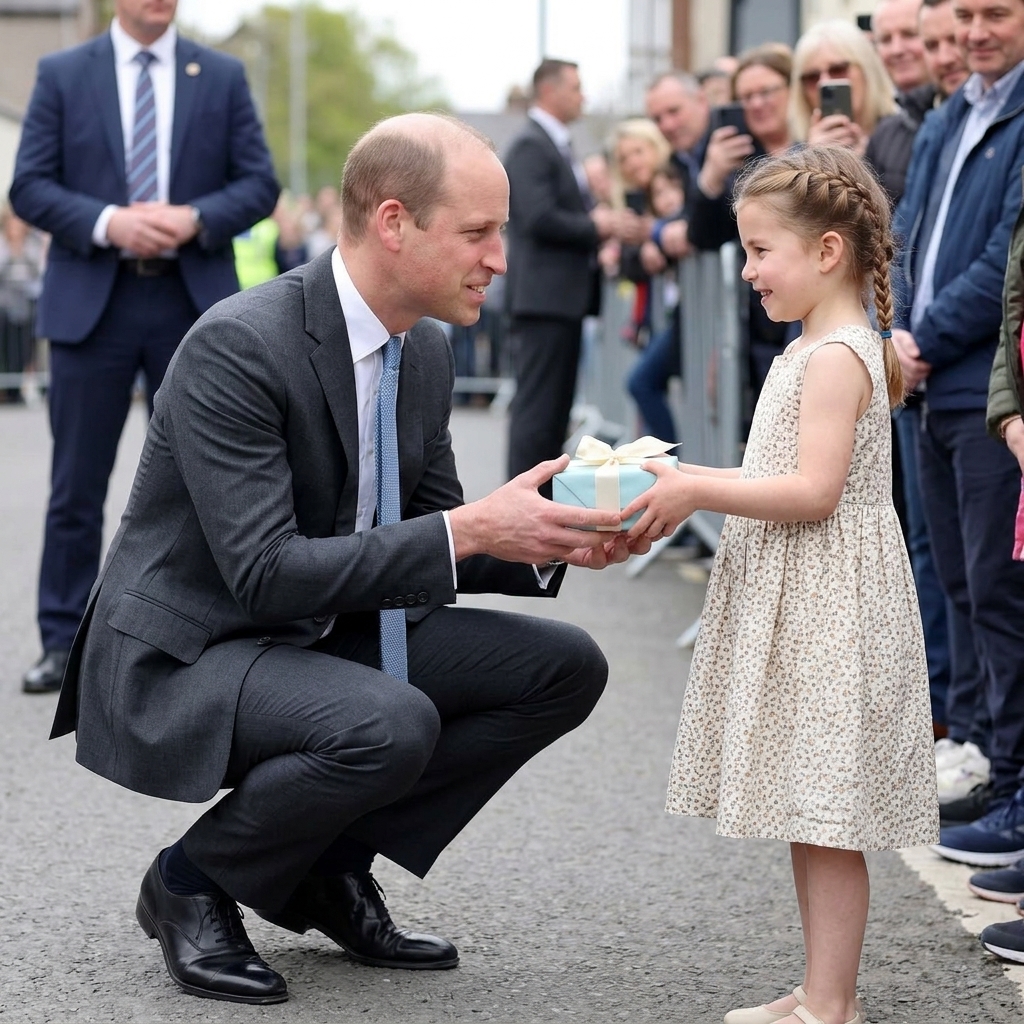 Thay đổi trang phục khác cho hoàng tử William. Thêm bé gái tặng hộp quà cho hoàng tử William. xóa cậu bé tặng hoa.