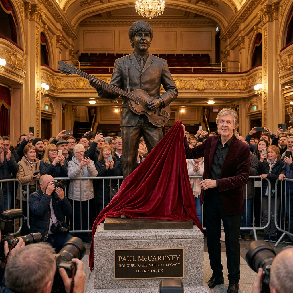 Thay đổi không gian tại một nhà hát lớn tại Liverpol nước Anh. Thay đổi dòng chữ tiếng việt trên tượng thành tiếng Anh. Thay đổi tấm thảm kéo màu  xanh thành màu đỏ. Thay đổi trang phục khác cho ông Paul McCartney.