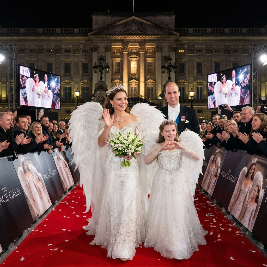 Thay đổi khoảnh khắc bắn tim cho công chúa Charlotte. Công nương Kate cầm bó hoa Lily. Thay đổi không gian trên thảm đỏ trước Cung điện Buckingham.