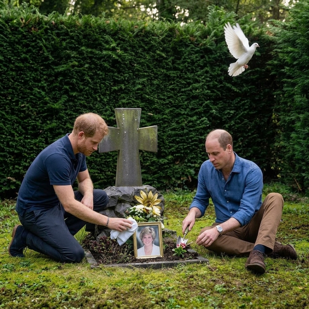 Xóa công nương Kate, hoàng tử Geogre, Louis và công chúa Charlotte. Thêm hoàng tử William đang ngồi trồng hoa quanh mộ. Thêm hoàng tử Harry dùng khăn lau chùi di ảnh bà Diana.